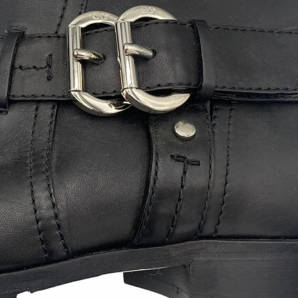 DIOR Black Leather Tall Moto Boots with Silver Designer Logo Buckles - Picture 7 of 10
